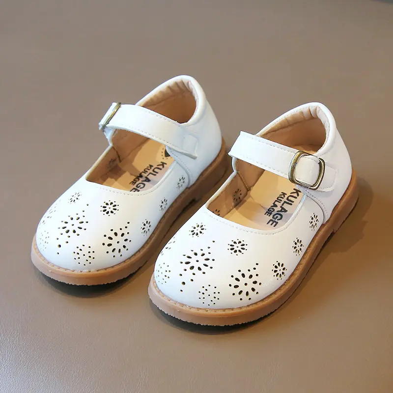 Toddler Children Mary Janes Cut-outs Black Beige Retro Kids Leather Shoes Shallow Breathable Autumn Hook-loop Girl's Flat Shoe