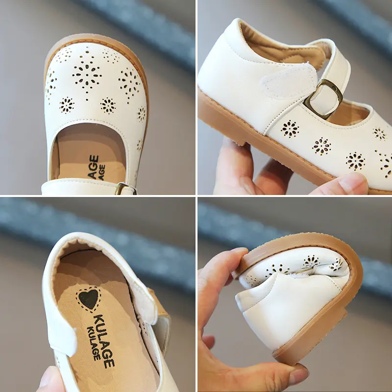 Toddler Children Mary Janes Cut-outs Black Beige Retro Kids Leather Shoes Shallow Breathable Autumn Hook-loop Girl's Flat Shoe