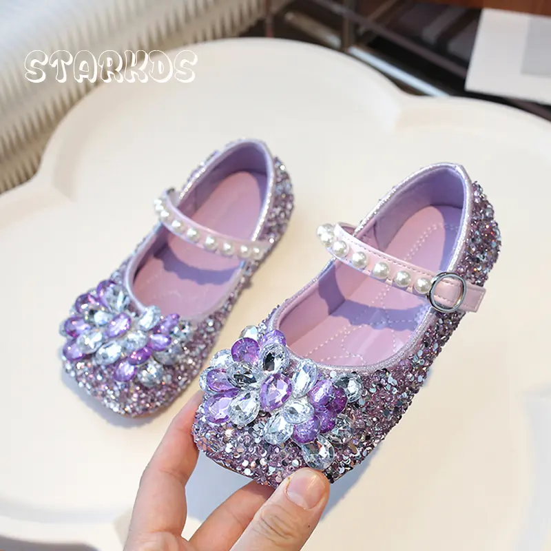 Luxury Purple Crystal Shoes Kids Girls Bling Blue Rhinestone Mary Janes Baby Child Silver Sequins Ballet Flat Princess Zapatos
