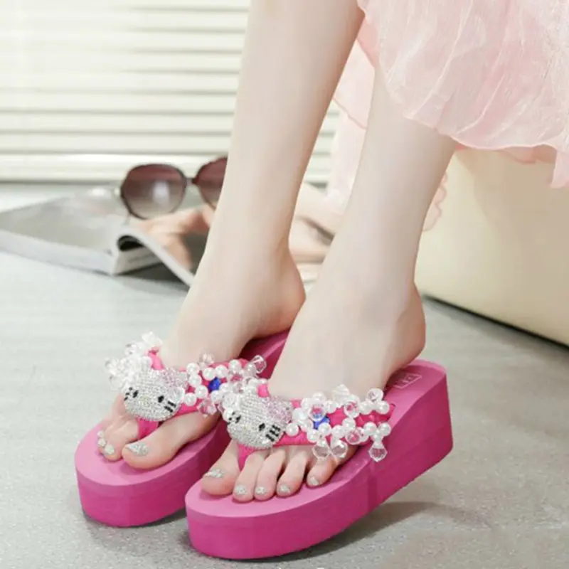 Y2K Sanrio Hello Kitty Soft Flip Flop Sandals Beach Slides Shoes Women Kawaii Casual Wedge High Heels Platform Slippers Ladies