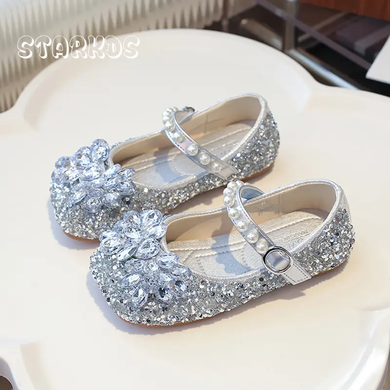 Luxury Purple Crystal Shoes Kids Girls Bling Blue Rhinestone Mary Janes Baby Child Silver Sequins Ballet Flat Princess Zapatos