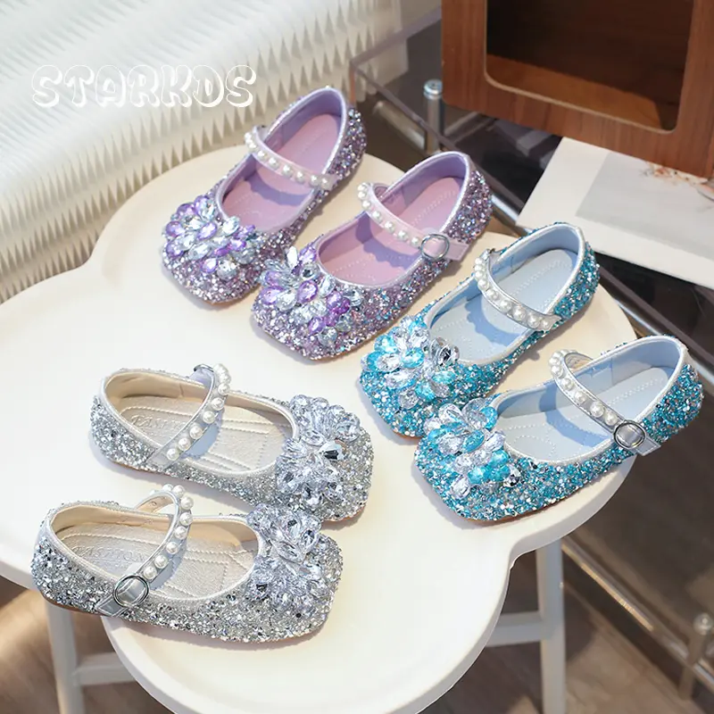 Luxury Purple Crystal Shoes Kids Girls Bling Blue Rhinestone Mary Janes Baby Child Silver Sequins Ballet Flat Princess Zapatos
