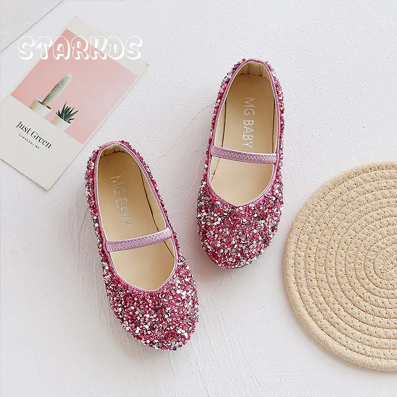 Bling Glitter Ballet Shoes Kids Concise Round Toe  Elastic Band Ballerina Flats Girls Luxury Stage Party Loafers in Silver Blue