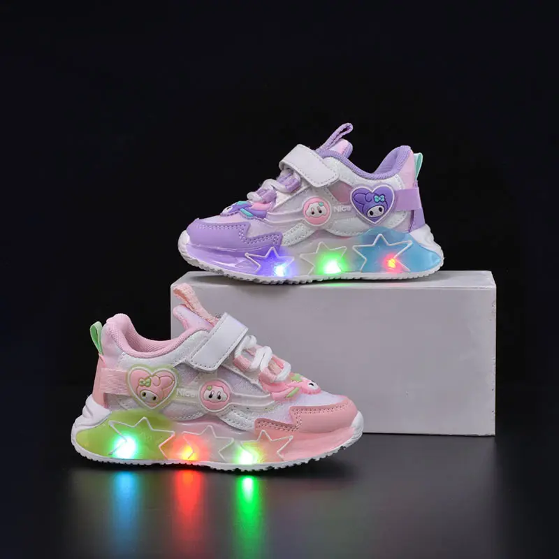 anrio Kawaii Kuromi My Melody Led Casual Sneakers Girl Cartoon Fashion Rotating Buckle Shoes Children Led Luminous Sports Shoes