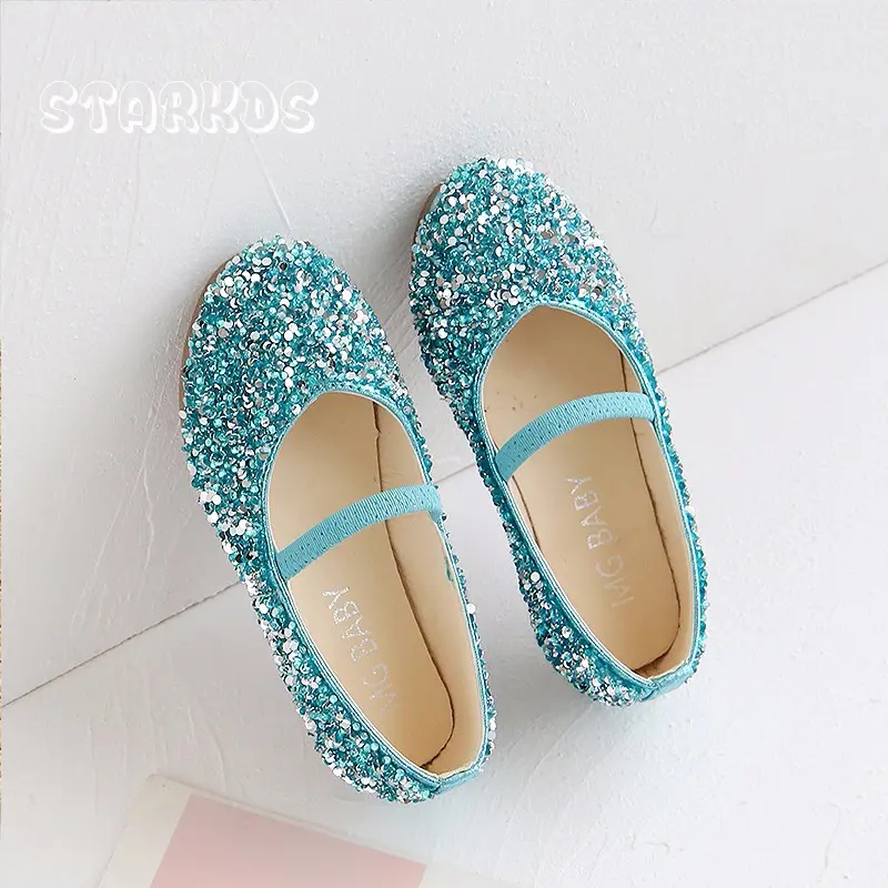 Bling Glitter Ballet Shoes Kids Concise Round Toe  Elastic Band Ballerina Flats Girls Luxury Stage Party Loafers in Silver Blue