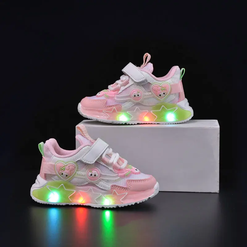 anrio Kawaii Kuromi My Melody Led Casual Sneakers Girl Cartoon Fashion Rotating Buckle Shoes Children Led Luminous Sports Shoes