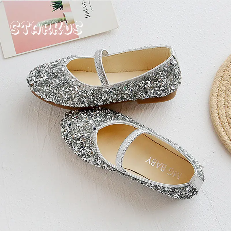 Bling Glitter Ballet Shoes Kids Concise Round Toe  Elastic Band Ballerina Flats Girls Luxury Stage Party Loafers in Silver Blue