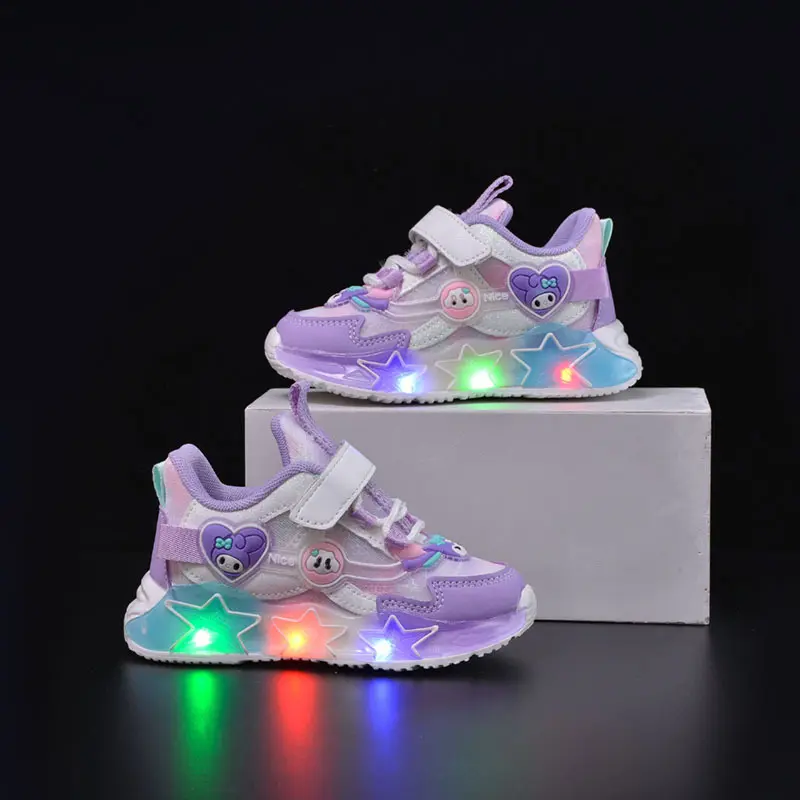anrio Kawaii Kuromi My Melody Led Casual Sneakers Girl Cartoon Fashion Rotating Buckle Shoes Children Led Luminous Sports Shoes