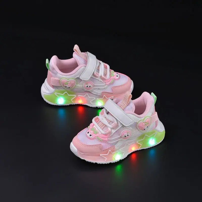 anrio Kawaii Kuromi My Melody Led Casual Sneakers Girl Cartoon Fashion Rotating Buckle Shoes Children Led Luminous Sports Shoes