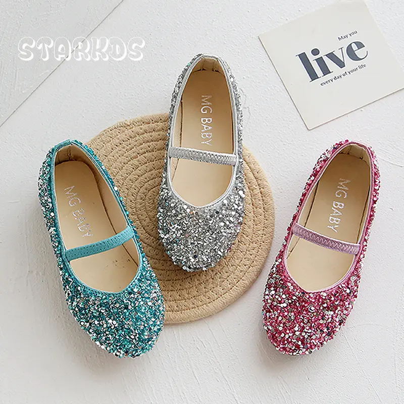 Bling Glitter Ballet Shoes Kids Concise Round Toe  Elastic Band Ballerina Flats Girls Luxury Stage Party Loafers in Silver Blue