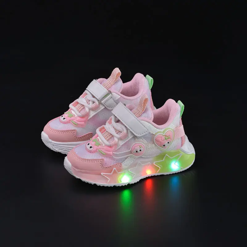 anrio Kawaii Kuromi My Melody Led Casual Sneakers Girl Cartoon Fashion Rotating Buckle Shoes Children Led Luminous Sports Shoes