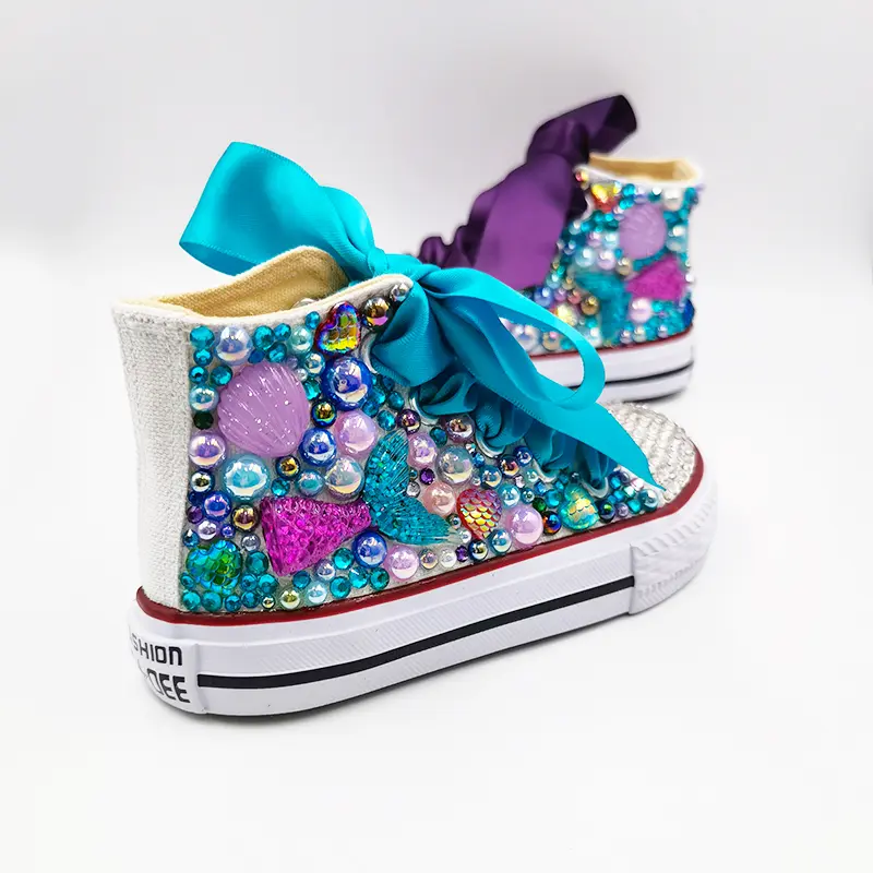 Shell Simulation DIY Bling Handmade Shoes Canvas Ocean Theme Kids High Top Pearls Sneakers For Girl Birthday Party Dollbling