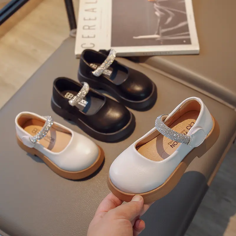 Luxury Girl's Mary Janes Crystal Glitter Black Beige Fashion Children Leather Shoes Chunky Round Toe 26-37 School Kids Shoes