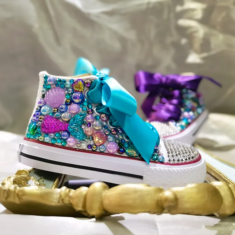 Shell Simulation DIY Bling Handmade Shoes Canvas Ocean Theme Kids High Top Pearls Sneakers For Girl Birthday Party Dollbling
