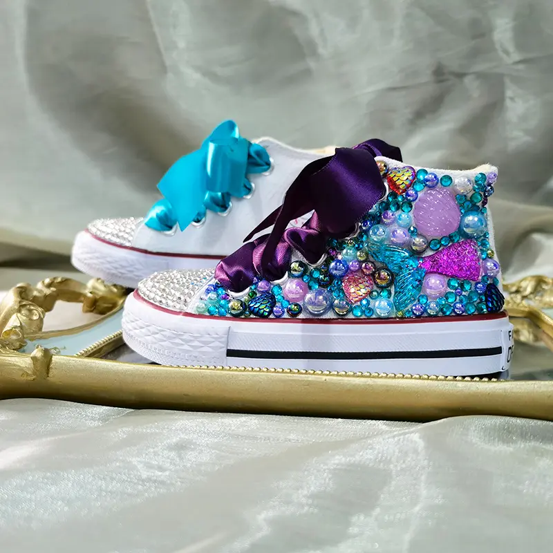 Shell Simulation DIY Bling Handmade Shoes Canvas Ocean Theme Kids High Top Pearls Sneakers For Girl Birthday Party Dollbling