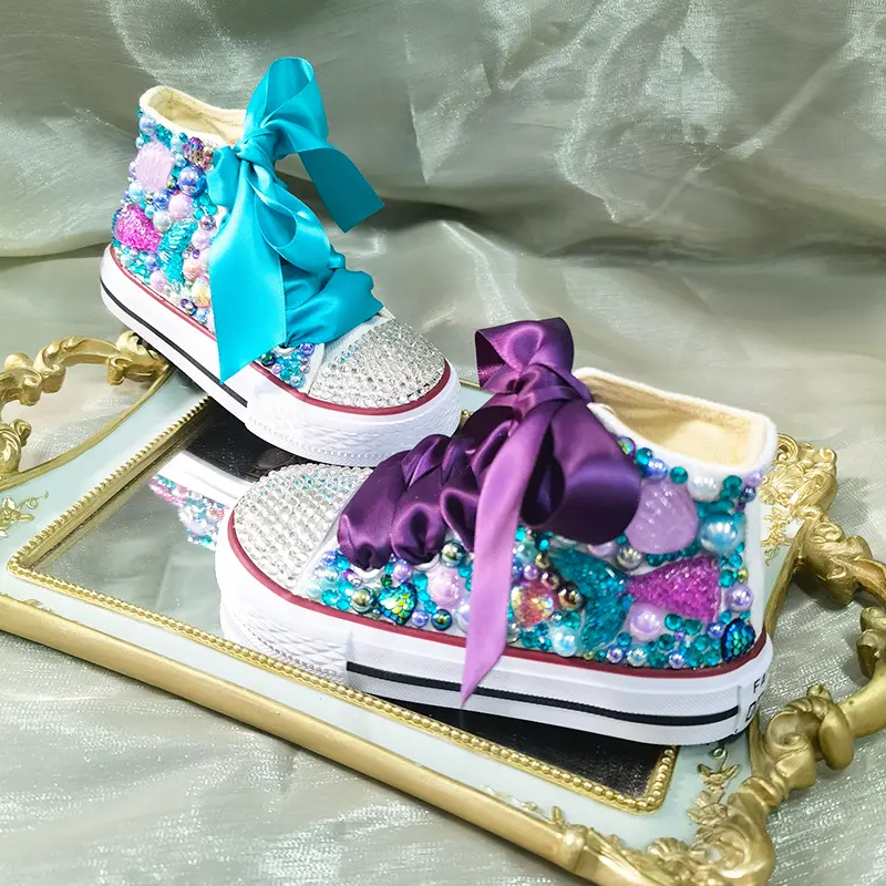 Shell Simulation DIY Bling Handmade Shoes Canvas Ocean Theme Kids High Top Pearls Sneakers For Girl Birthday Party Dollbling