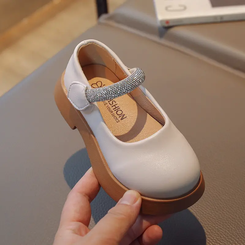 Luxury Girl's Mary Janes Crystal Glitter Black Beige Fashion Children Leather Shoes Chunky Round Toe 26-37 School Kids Shoes