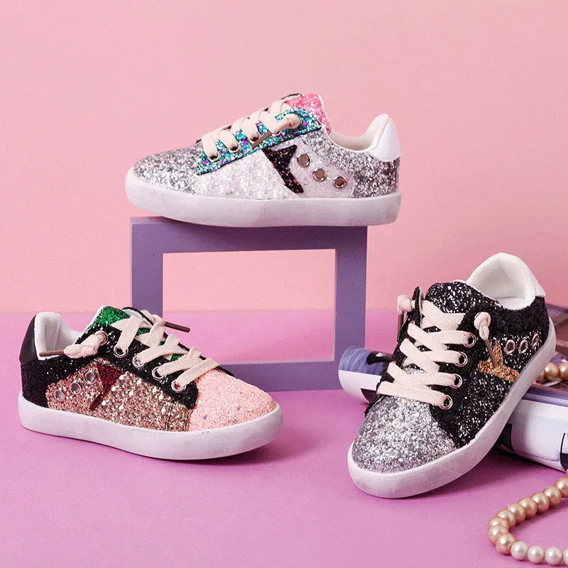 New Kids Fashion Sparkle Sequin Sneakers for Boys Girls Flat Running Shoes Toddler Star Glitter Low-top Casual Board Shoe