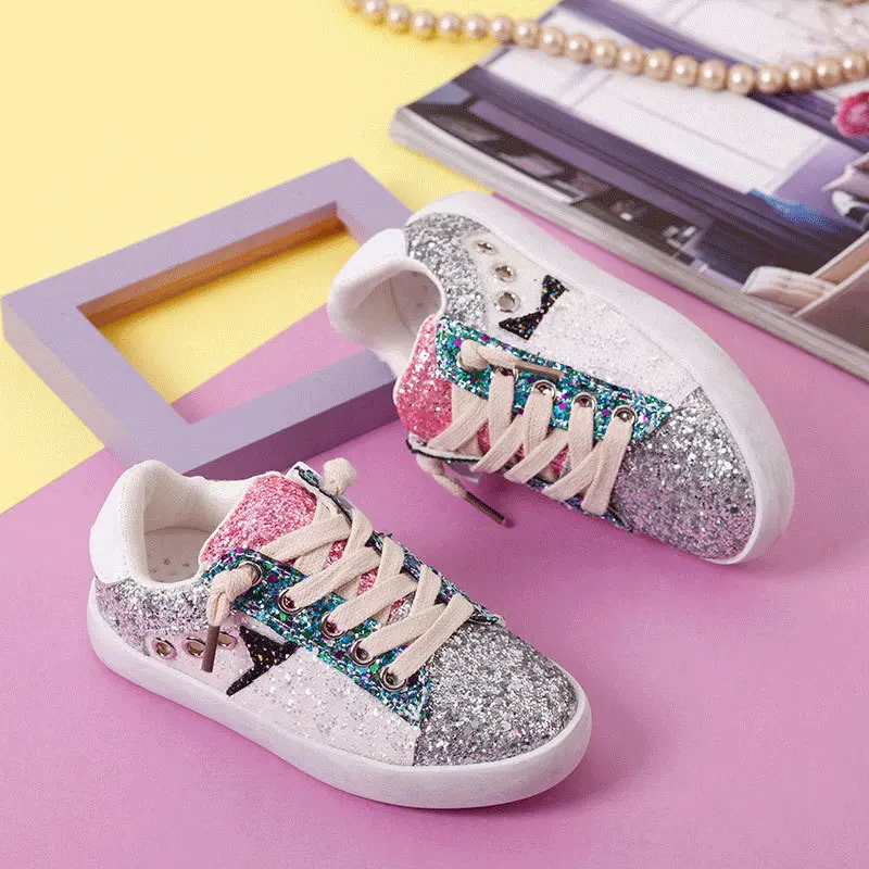 New Kids Fashion Sparkle Sequin Sneakers for Boys Girls Flat Running Shoes Toddler Star Glitter Low-top Casual Board Shoe