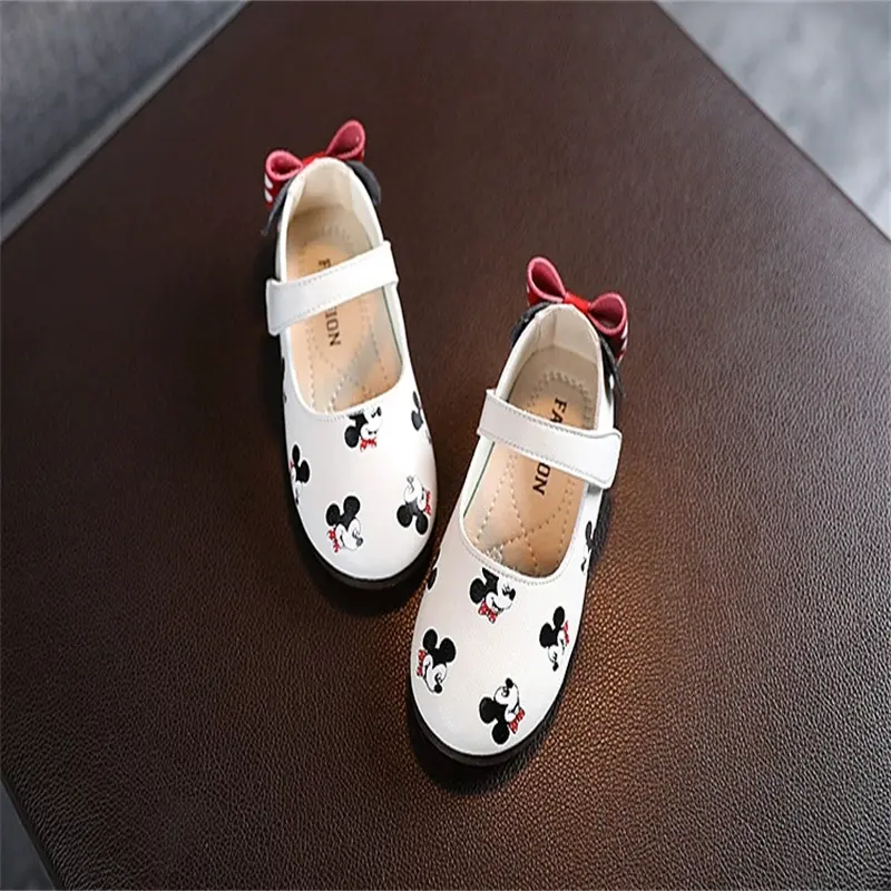 Disney Casual Shoes Kids Mickey Mouse Shoes For Girls Outdoor White Pink PU Leather Children Flats Soft Toddler Size 21-30