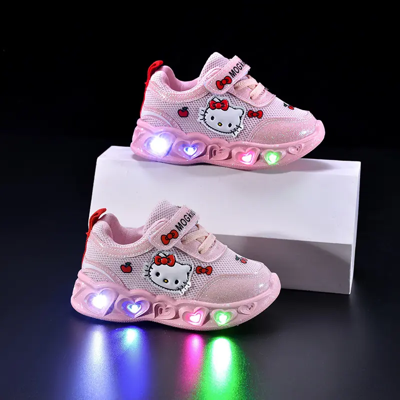 Sanrio LED Kids Shoes for Girls Cute Cartoon Hello Kitty Shoes Summer Girl Kawaii Shoes Soft Bottom Sneakers Casual Shoes