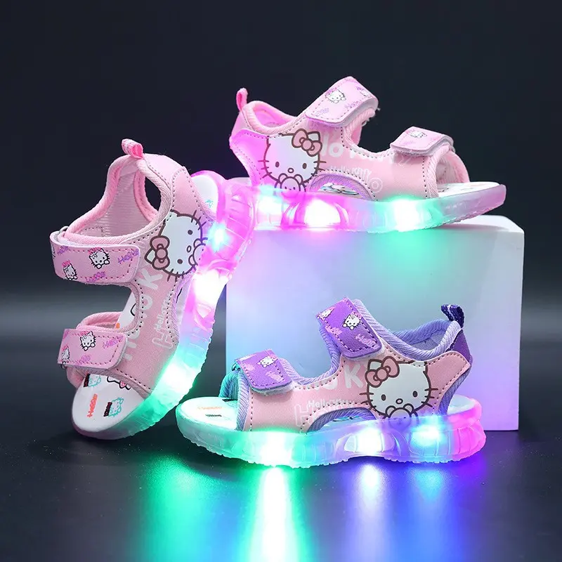 Pink Hello Kitty Girls Sandals Boutique Fashion Children Summer Led Lighting Shoes Cartoon Lovely Baby Girl Beach Sandal MINISO