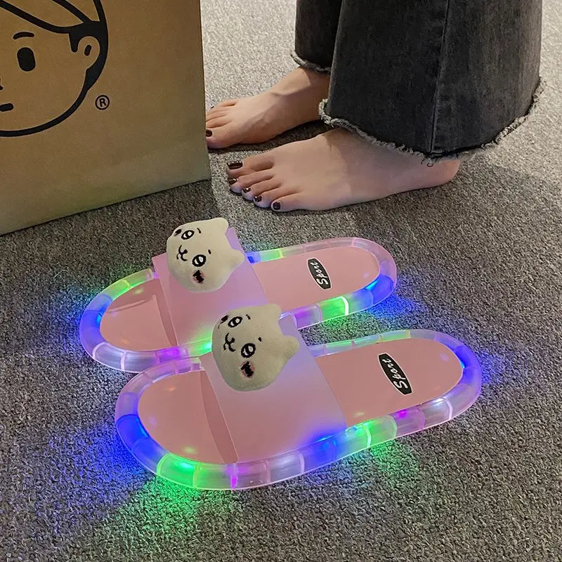 Y2K Kawaii Anime Chiikawa Toy Slippers Usagi Hachiwars Slippers Glow Wearing Outside Home Anti-Slip Flip-Flops Shoes Woman Gift