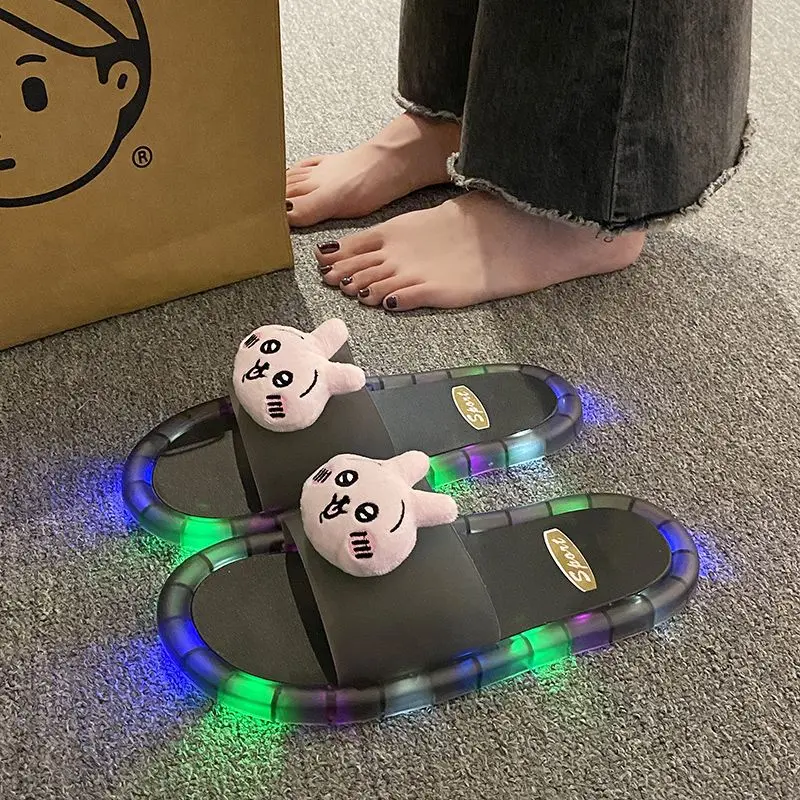 Y2K Kawaii Anime Chiikawa Toy Slippers Usagi Hachiwars Slippers Glow Wearing Outside Home Anti-Slip Flip-Flops Shoes Woman Gift