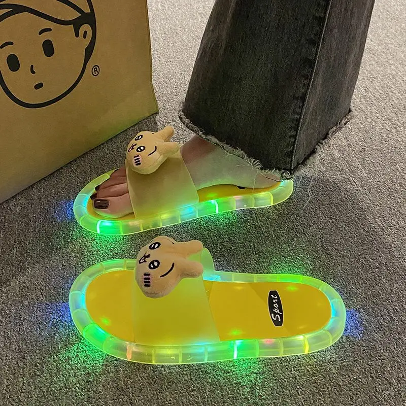 Y2K Kawaii Anime Chiikawa Toy Slippers Usagi Hachiwars Slippers Glow Wearing Outside Home Anti-Slip Flip-Flops Shoes Woman Gift