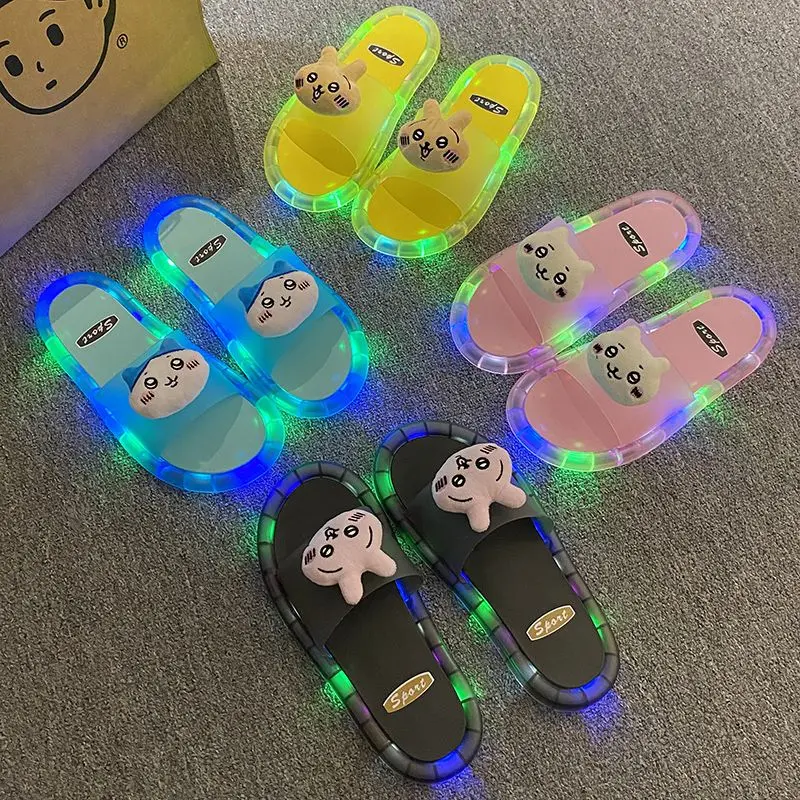 Y2K Kawaii Anime Chiikawa Toy Slippers Usagi Hachiwars Slippers Glow Wearing Outside Home Anti-Slip Flip-Flops Shoes Woman Gift