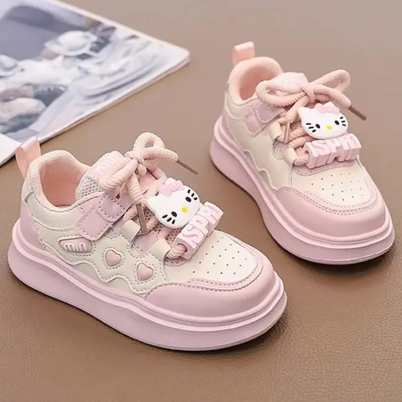 Spring Hello Kitty Patterned New Girls' Durable Color-block Sneakers, Versatile Casual Flat Heel Low-top Walking Shoes