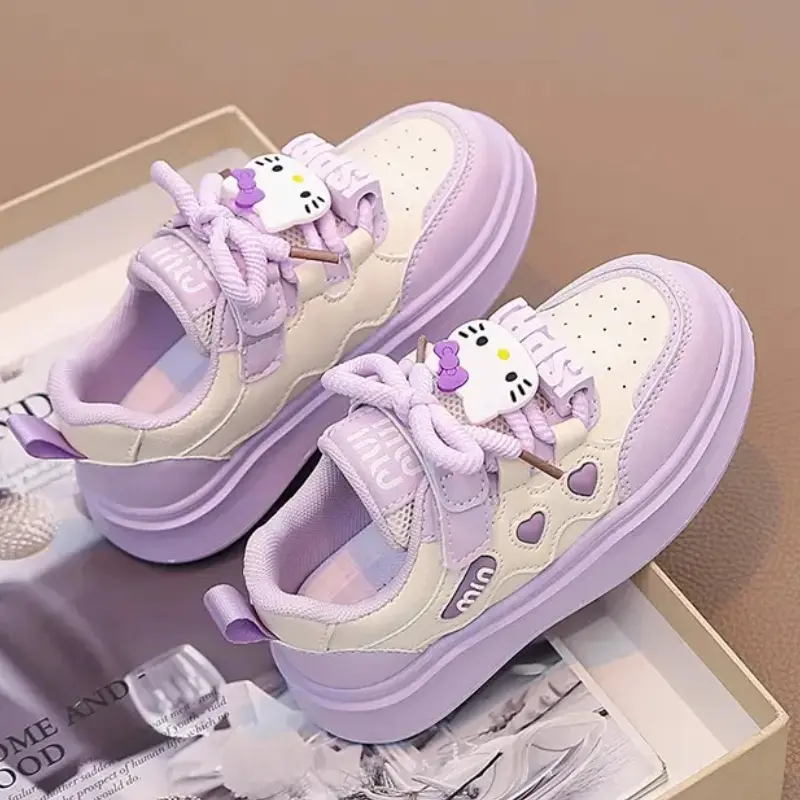 Spring Hello Kitty Patterned New Girls' Durable Color-block Sneakers, Versatile Casual Flat Heel Low-top Walking Shoes