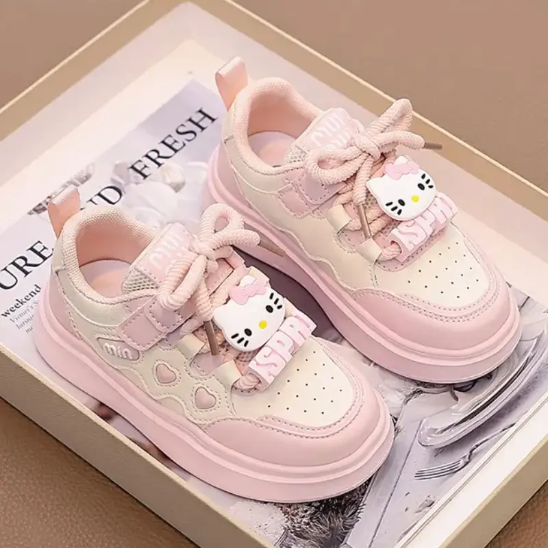 Spring Hello Kitty Patterned New Girls' Durable Color-block Sneakers, Versatile Casual Flat Heel Low-top Walking Shoes