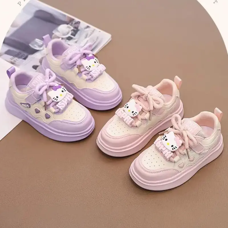 Spring Hello Kitty Patterned New Girls' Durable Color-block Sneakers, Versatile Casual Flat Heel Low-top Walking Shoes