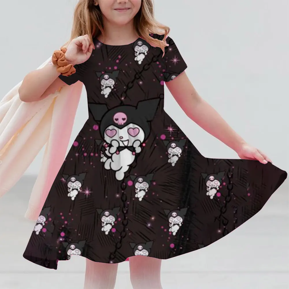 Summer Korean Baby Girls Dress Puff Short Sleeve Kuromi Hello Kitty print Princess Children Girls Dress Draped Kid Girls Dress