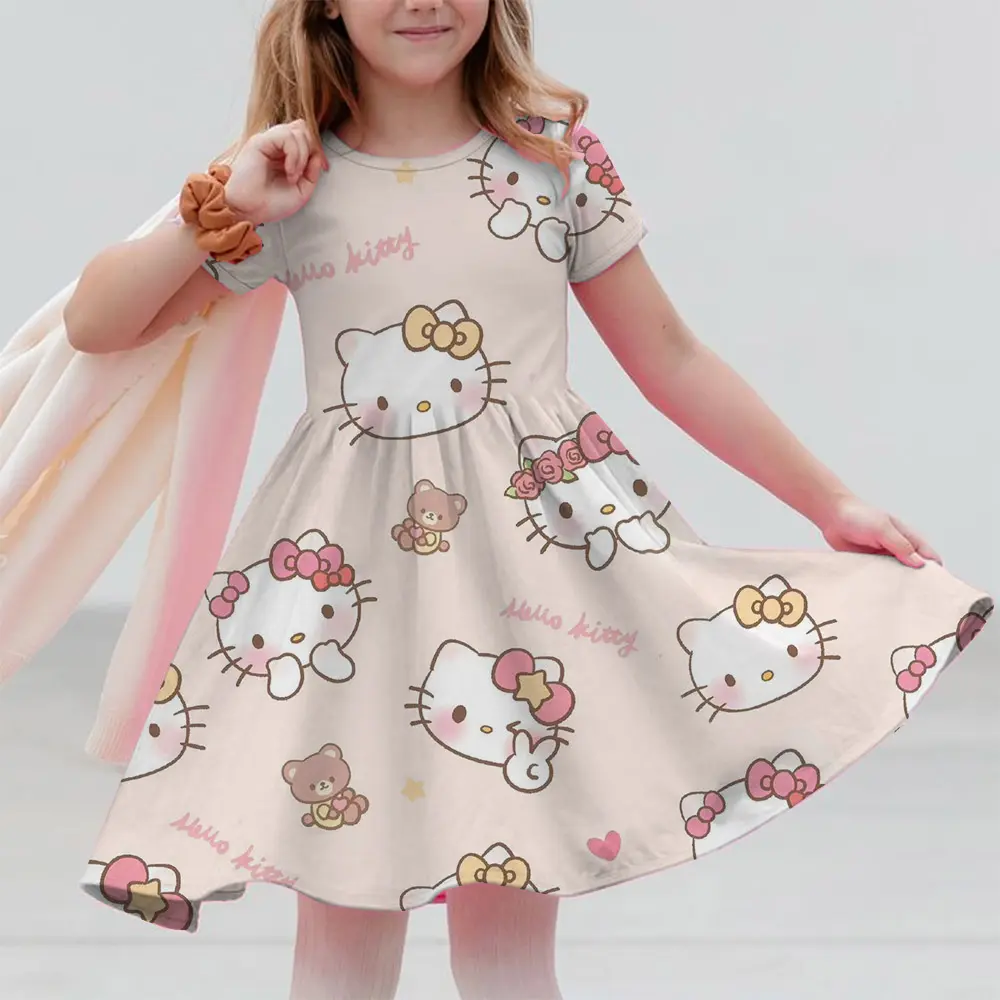 Summer Korean Baby Girls Dress Puff Short Sleeve Kuromi Hello Kitty print Princess Children Girls Dress Draped Kid Girls Dress