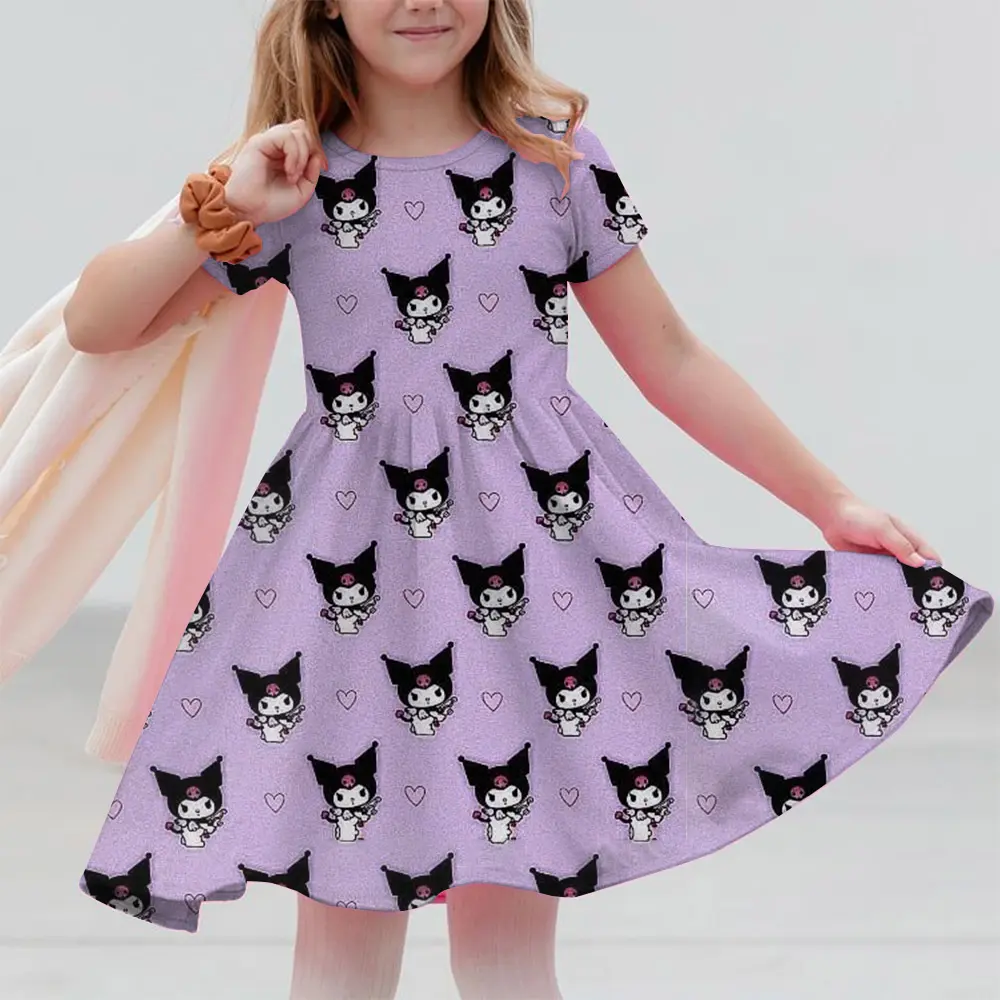 Summer Korean Baby Girls Dress Puff Short Sleeve Kuromi Hello Kitty print Princess Children Girls Dress Draped Kid Girls Dress