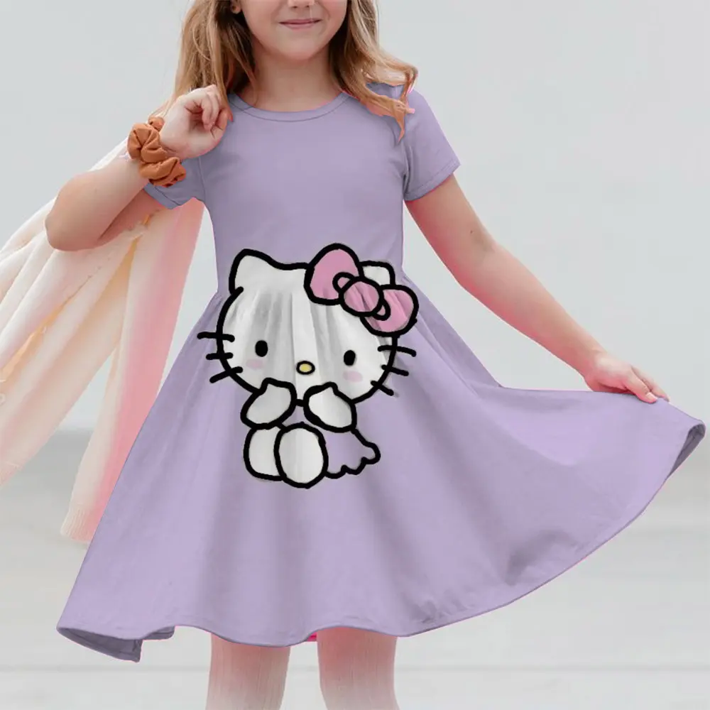 Summer Korean Baby Girls Dress Puff Short Sleeve Kuromi Hello Kitty print Princess Children Girls Dress Draped Kid Girls Dress