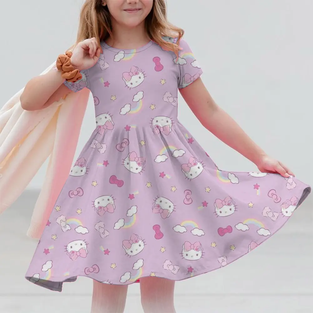 Summer Korean Baby Girls Dress Puff Short Sleeve Kuromi Hello Kitty print Princess Children Girls Dress Draped Kid Girls Dress