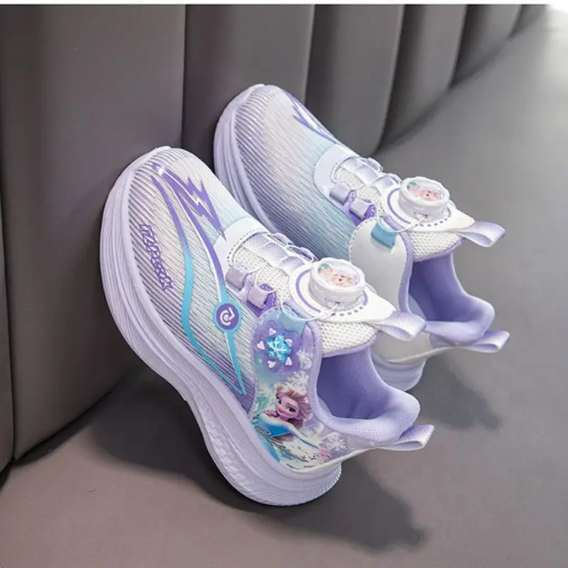 Disney Frozen Children Sneakers For Girls Shoes Princess Elsa Kids Running Leather Student Sports Purple Shoes Size 27-38