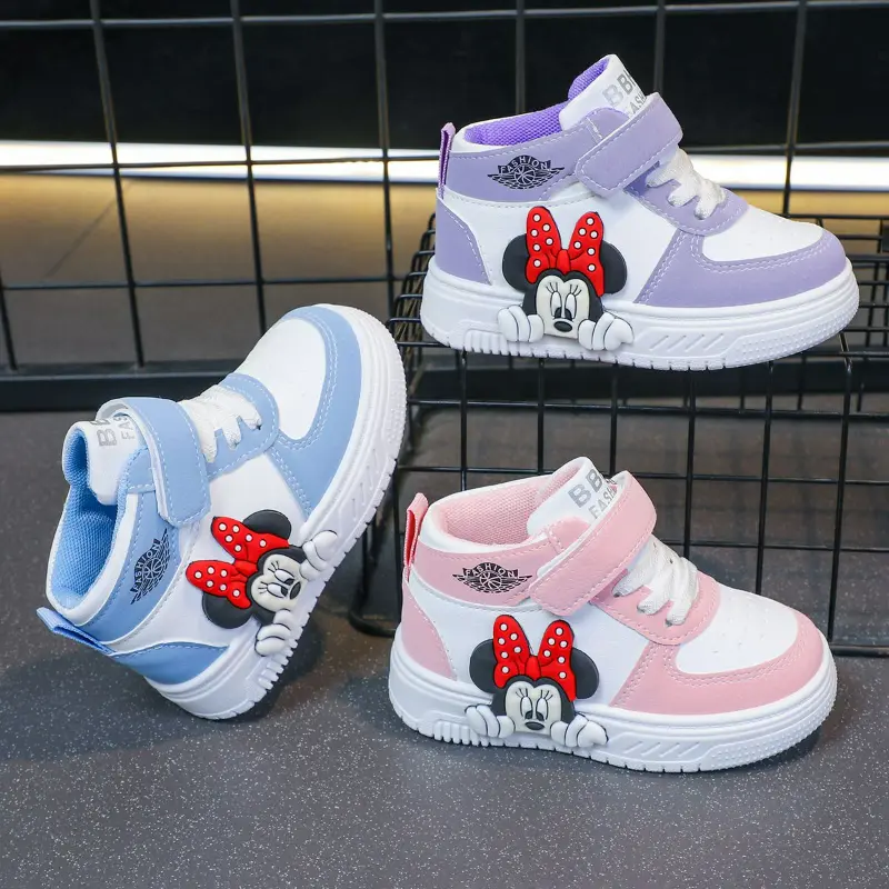 Disney Casual Shoes Cartoon Children's High-top Shoes Mickey Minnie Mouse Spring White PU Leather Shoes Size 20-31