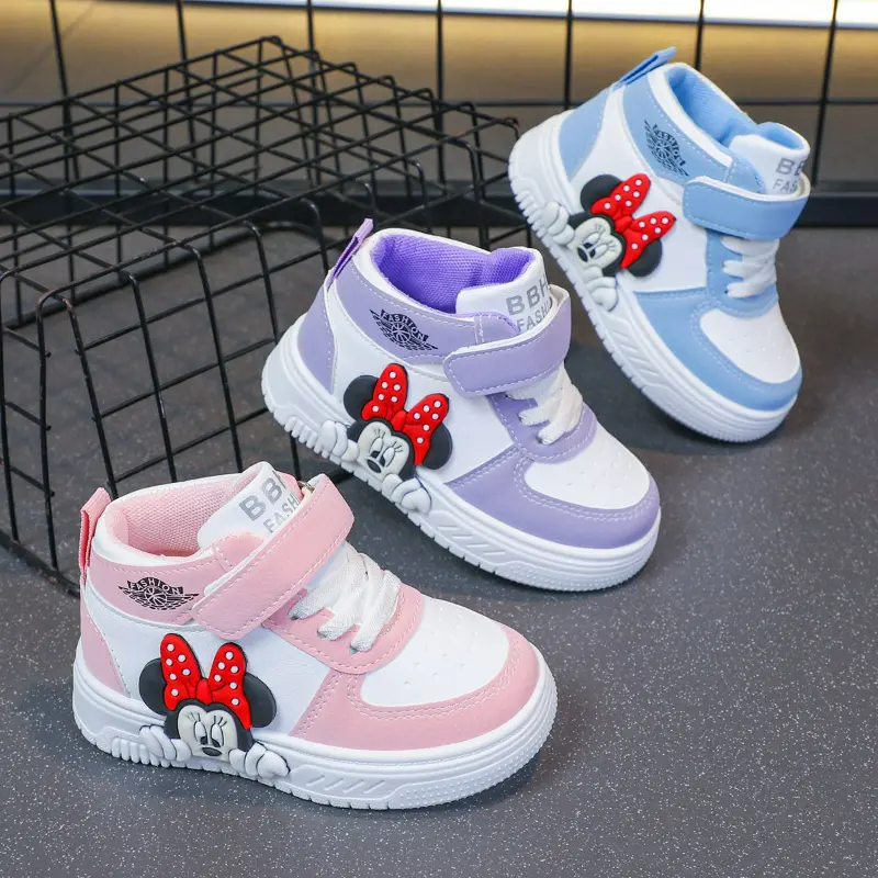 Disney Casual Shoes Cartoon Children's High-top Shoes Mickey Minnie Mouse Spring White PU Leather Shoes Size 20-31