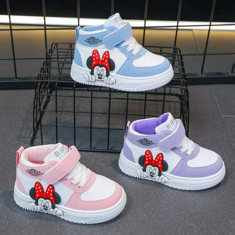 Disney Casual Shoes Cartoon Children's High-top Shoes Mickey Minnie Mouse Spring White PU Leather Shoes Size 20-31