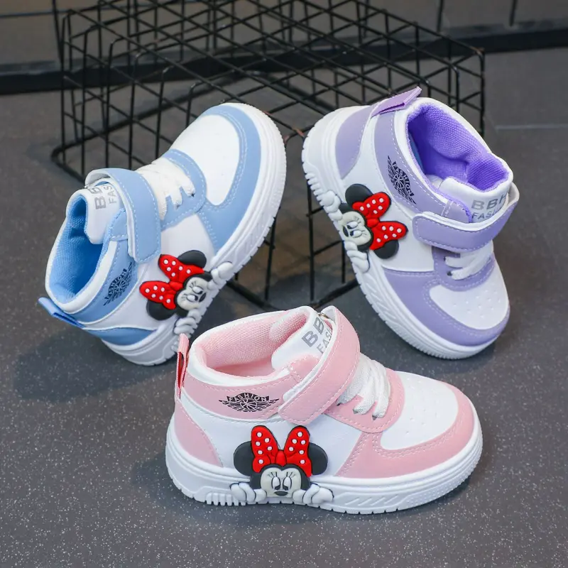 Disney Casual Shoes Cartoon Children's High-top Shoes Mickey Minnie Mouse Spring White PU Leather Shoes Size 20-31