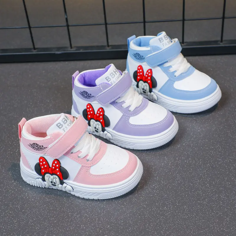 Disney Casual Shoes Cartoon Children's High-top Shoes Mickey Minnie Mouse Spring White PU Leather Shoes Size 20-31