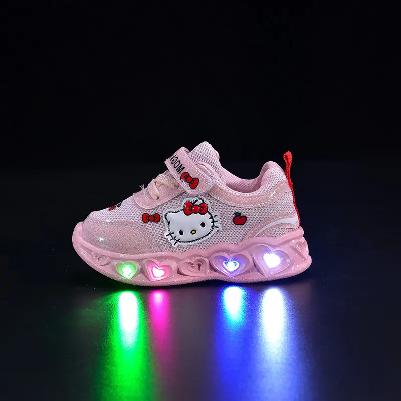 Hello Kitty Led Casual Sneakers for Summer Girls Print Mesh Breathable Shoes Children Lighted Non-Slip Cute Outdoors Sport Shoes