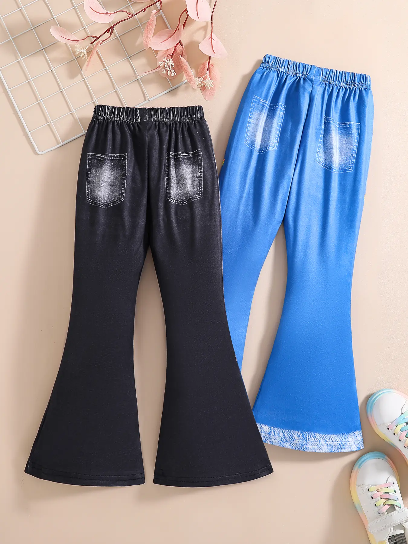 Suitable for four seasons wear girls fashion casual imitation denim bell pants cartoon print casual wide leg bell pants 2 pieces