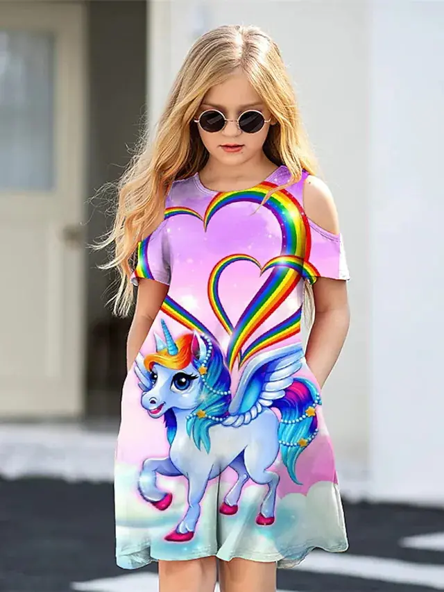 Summer unicorn graphic print girls off-the-shoulder round neck fashion dress hot sale