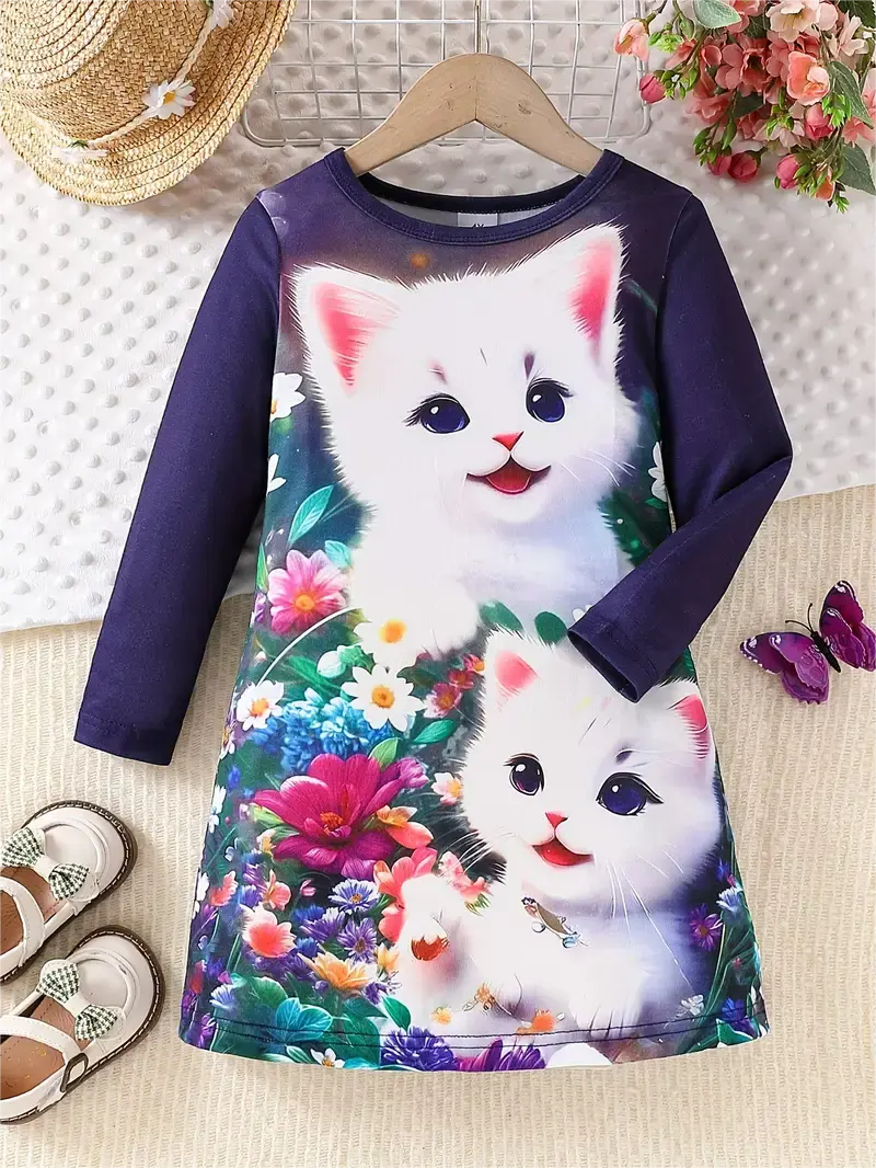 Girls Cute Cat Princess Dress, Long-Sleeved Kitten Print Dress, Casual Children's Cat Fashion Clothing, Theme Party Clothing