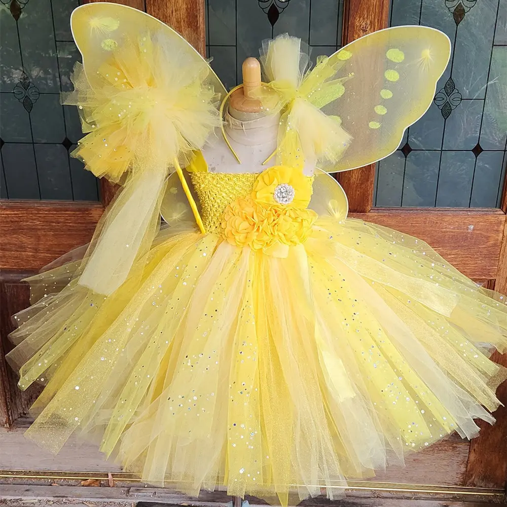 Girls Pink Flower Fairy Dress Kids Glitter Tutu Dress with Butterfly Wing and Stick Hairbow Set Children Cosplay Party Costumes